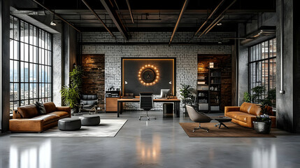 Wall Mural - Modern office space featuring stylish furniture and a large window with city views.