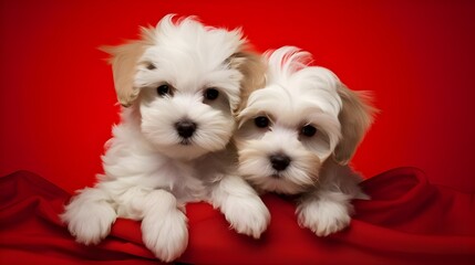 Wall Mural - white terrier puppy on red background.