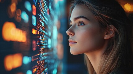 Wall Mural - female programmer coding futuristic software in a digital technology environment, cyber security and