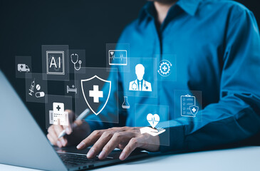 ai-driven healthcare and medical technology concept. a professional using laptop with digital ai pow