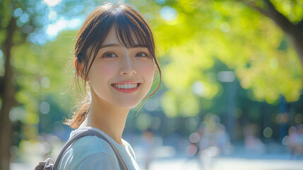 Realistic image of a smiling Japanese woman in casual attire, with a soft, blurred background of a park. 