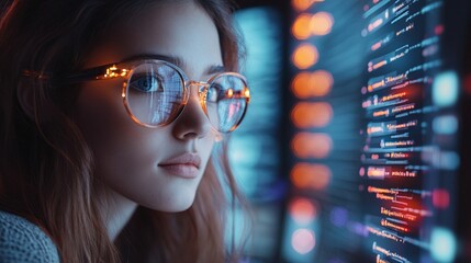 Wall Mural - tech-savvy woman coding futuristic software, working in digital technology and cyber security, moder