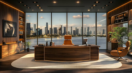 Wall Mural - Modern office with a city view, featuring sleek furniture and a tranquil atmosphere.