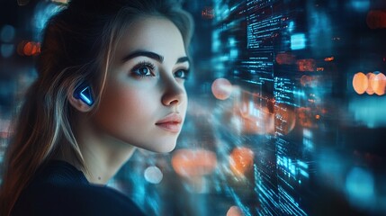 Wall Mural - attractive female coder developing futuristic software, digital technology and cyber security concep
