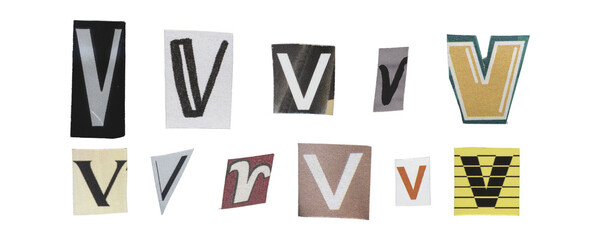 Set of isolated cut-out letter “V” from magazines on a transparent background, retro y2k style