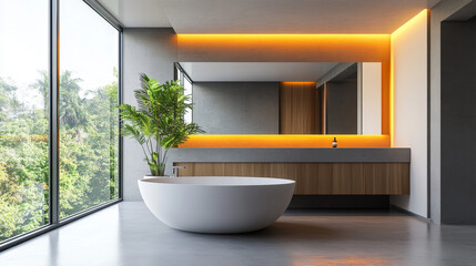 Wall Mural - A sleek and modern bathroom with a large window,  bright orange lights, and a stylish concrete and wood design. The room is bathed in natural light, reflecting off a large mirror.