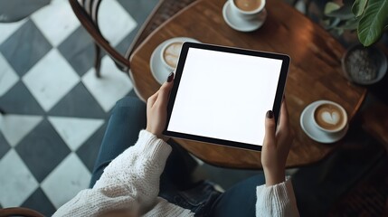 Top view mockup image of a woman holding digital tablet with blank white desktop screen in cafe