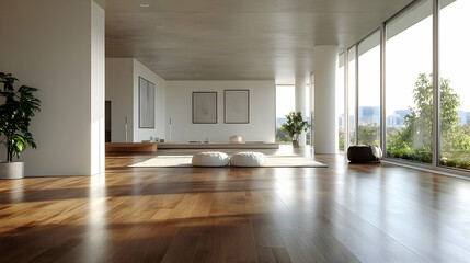 Wall Mural - Modern spacious interior with wooden flooring and large windows, offering a serene atmosphere.