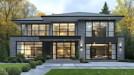 Wall Mural - Modern two-story house with large windows and landscaped surroundings.