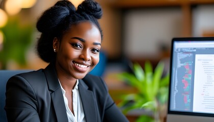 Confident Black Woman Merging Technology and Business Skills While Smiling at Her Computer