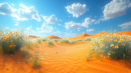 Vibrant desert landscape with flowers and blue sky.