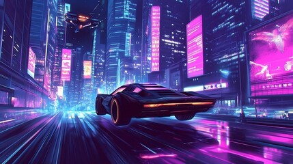 Wall Mural - Futuristic Cityscape with Neon Lights and Flying Car