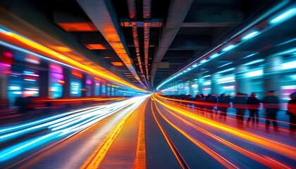 Wall Mural - Energetic motion of urban transport amid blurred lights and rushing crowds in the citys dynamic underground environment