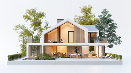 A white exterior and large windows.Villa model, rooftop mounted solar power generation