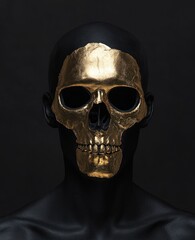 dark figure with golden head patch against black backdrop