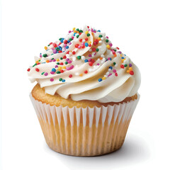 Cupcake with white frosting and colorful sprinkles isolated on white background