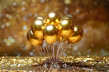 Wall Mural - gold podium with balloons and gifts marks special events.