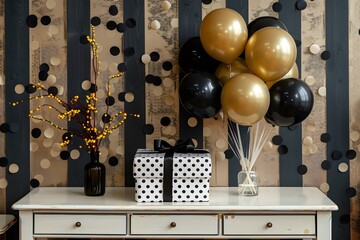 Wall Mural - gold podium with balloons and gifts marks special events.