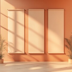 Wall Mural - Blank Canvas Mockup   Beige Wall with Sunlight and Plants