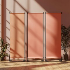 Sticker - Three Empty Banner Stands with Orange Backdrop and Sunlight