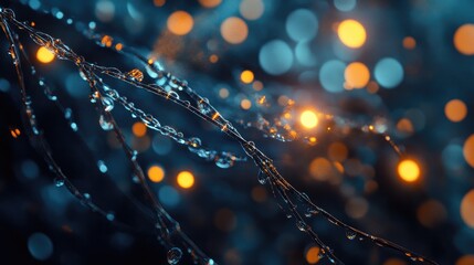 Close-up of water droplets on a plant with a bokeh background of blue and orange lights.