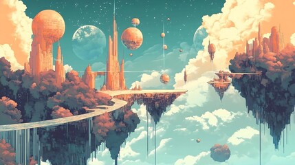 Sticker - Futuristic Cityscape Floating in Clouds with Planets in the Sky