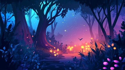 Canvas Print - Enchanted Forest Night Scene with Glowing Lights and Stars