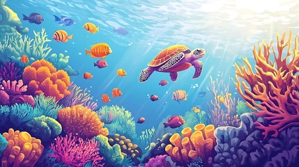 Canvas Print - Colorful Tropical Sea Turtle and Fish in Coral Reef