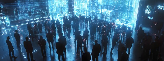 Wall Mural - A crowd of business people in an office space, connected by glowing data connections to each other and the building they stand inside