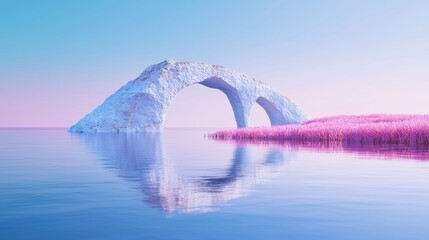 Aufkleber - The rendering shows an abstract surreal landscape with a colorful scene, a mirror glass arch on pastel grass land, and a beautifully colored sky in the background.