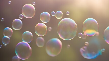 Beautiful multicolored rainbow transparent iridescent soap bubbles fly through the air in the park background. Summer mood. The concept of a happy carefree childhood. Sun light.