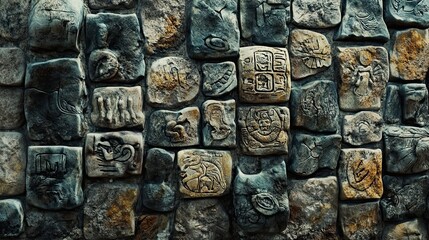 Stone Wall with Carved Ancient Symbols and Figures