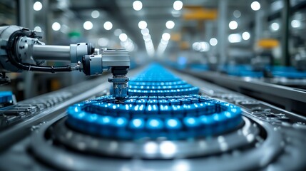 Hightech robotic arms in a sterile, automated factory, working on mass production under soft, focused lighting