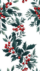 Canvas Print - Vintage botanical wreaths with vibrant red berries and lush green leaves create seamless pattern that evokes sense of natures beauty and elegance. Perfect for festive designs