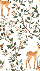 Canvas Print - A seamless pattern featuring vintage botanical branches adorned with delicate leaves and charming deer. This design evokes sense of natures beauty and tranquility