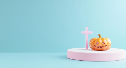 Poster - This 3D render shows a Halloween pastel concept with an empty pink display podium for a product mock up on a purple background.
