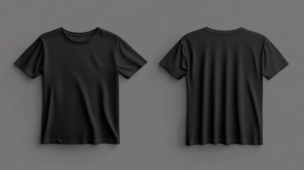 Black cotton t-shirt displayed from both front and back views on a neutral gray background in a minimalistic setting