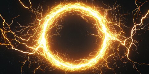 Aufkleber - In this image, a plasma glowing electric yellow hologram is isolated on transparent, and lightning round frames are overlayed on a black background.