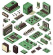 © Zaleman - A modern set of processors isometrically displayed. Microchips capacitors semiconductors chips motherboard components on a white background.