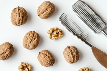 Poster - Top view of roasted walnuts with peels isolated on a dark background, pile of high-protein, nutritious nuts.