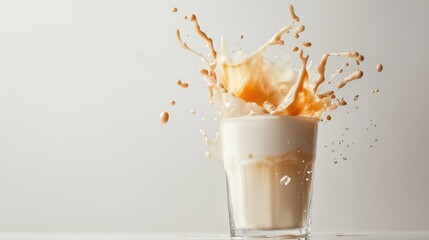 An artistic shot of a milk tea drink with a splash of tea or milk, capturing the dynamic motion and textures of the beverage against a clean, white backdrop.