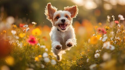 An endearing photo of a dog running through a field of colorful wildflowers, with its joyful expression and the vibrant scenery creating a lively atmosphere