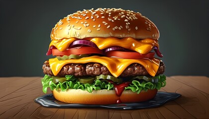 Wall Mural - Mouth-Watering Cheeseburger Icon Featuring Succulent Layers of Meat, Cheese, and Freshly Baked Bun