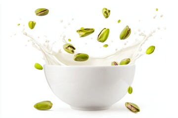 Canvas Print - Splashing pistachio milk with milk waves flying in the sky, isolated on a green background.