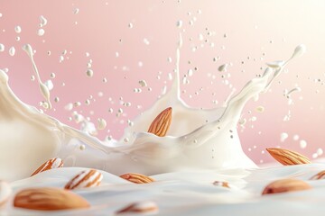 Canvas Print - Drinks nuts liquid wave poured over almonds nuts and milk splashed in the air.