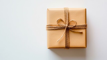 A neatly wrapped gift box with brown paper and a simple twine bow, set against a clean white background, perfect for holiday, birthday, or special occasion imagery,