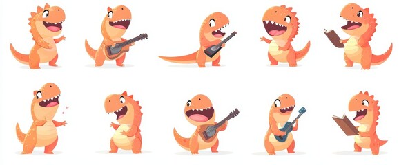 Poster - Cute monster dragon poses dinosaur with emotions. Exact modern illustration of dinosaur in action