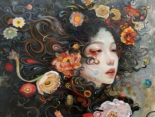 Wall Mural - A woman's face with swirling floral designs and a delicate expression.