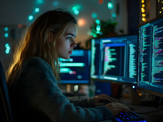 a young woman in dimly lit room is focused on coding, surrounded by glowing computer screens display