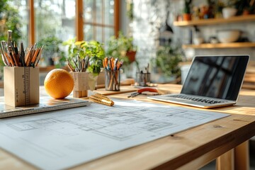 Sticker - Workspace with Laptop, Pens, and Architectural Plans